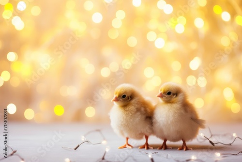  a couple of small chickens standing next to each other on top of a snow covered ground with lights in the background.