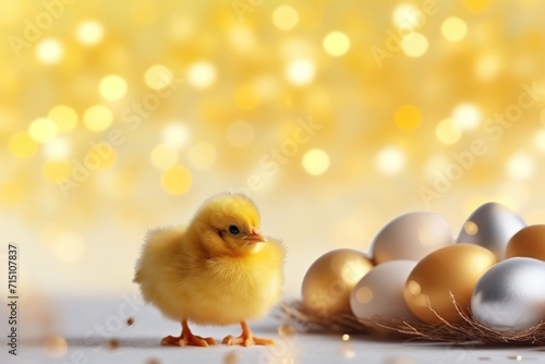  a small yellow chick standing in front of a nest of silver and gold eggs on a white surface with a boke of lights in the background.