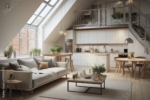 Minimalist studio apartment, scandinavian loft home interior design of modern living room with kitchen. © panumas