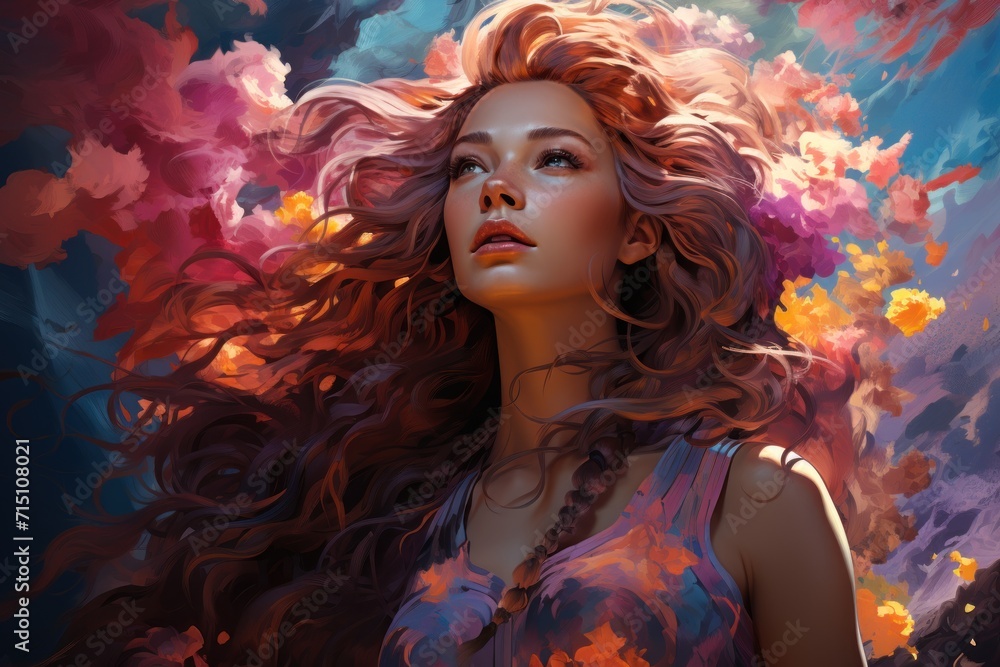  a painting of a woman with long, curly hair in front of a sky full of pink and yellow flowers.