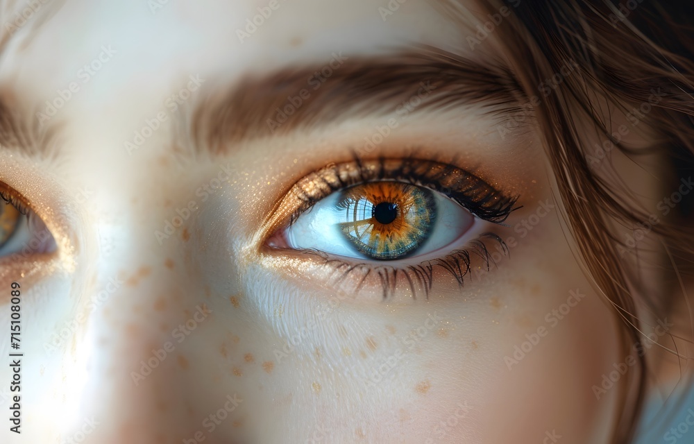 womans eye is shown in a close up. beautiful woman with colorful eyes