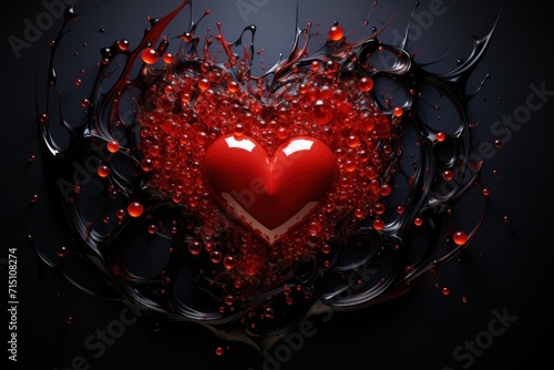  a red heart surrounded by black swirls and drops of water on a black background with a black background and a red heart surrounded by black swirls and drops of water.