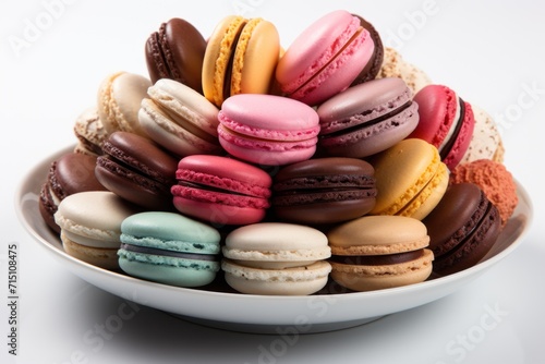  a white bowl filled with lots of colorful macaroons on top of a white counter top next to a cup of coffee.