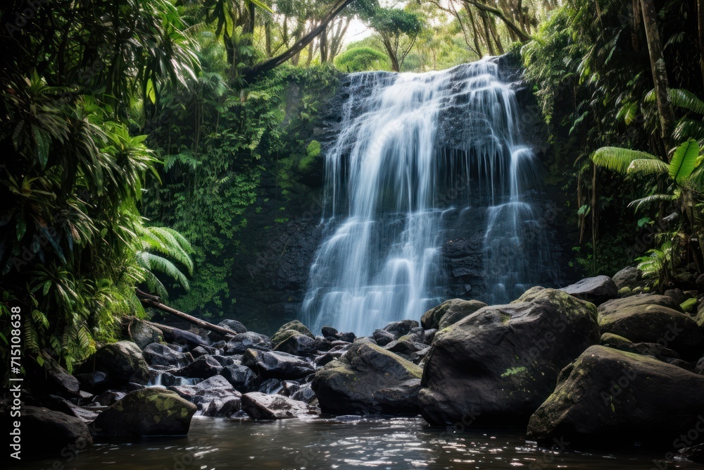  a waterfall in the middle of a jungle with rocks in the foreground and trees on the other side of the waterfall.