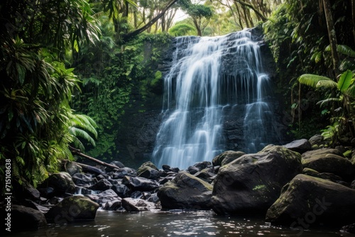  a waterfall in the middle of a jungle with rocks in the foreground and trees on the other side of the waterfall.