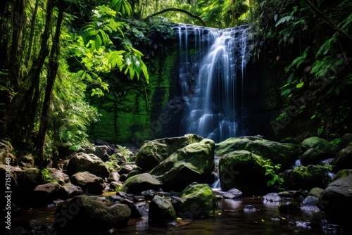  a waterfall in the middle of a jungle with rocks in the foreground and a bridge in the middle of the picture.