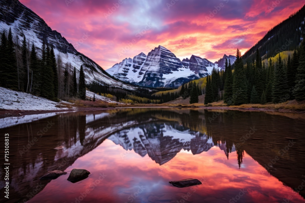  a mountain range is reflected in the still water of a lake as the sun sets on the other side of the mountain.