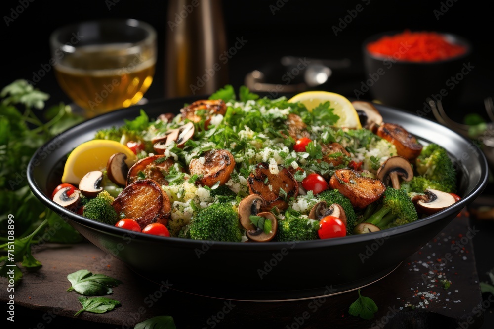 a bowl of food with mushrooms, broccoli, tomatoes, and other vegetables next to a glass of wine. a bowl of food with mushrooms, broccoli, tomatoes, and other vegetables next to a glass of wine.