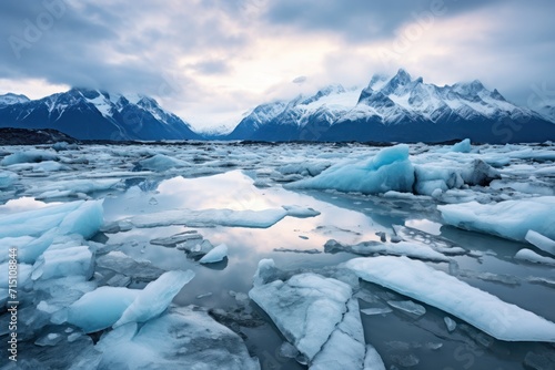  a group of icebergs floating on top of a lake surrounded by snow covered mountains under a cloudy sky.