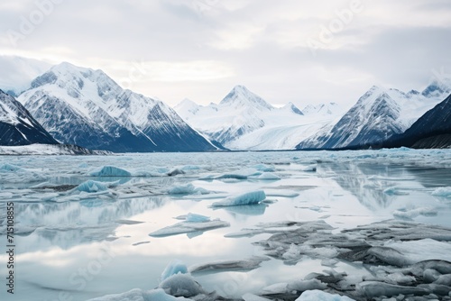  a large body of water surrounded by snow covered mountains and ice floes on a cloudy day with a few clouds in the sky.
