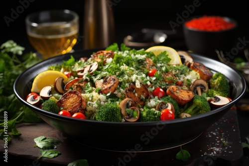  a bowl of food with mushrooms, broccoli, tomatoes, and other vegetables next to a glass of wine.