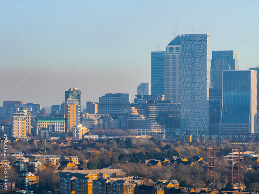 Aerial view of the Canary Wharf business district in London. Panoramia of the skyscrapers in London.