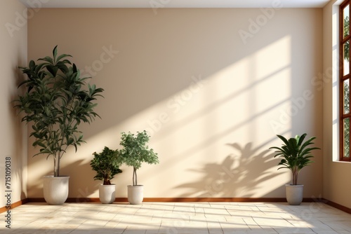  a room with three potted plants on the floor and a window on the side of the room with the sun shining through the window. © Nadia