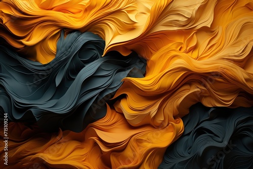  an abstract painting of yellow, black, and grey waves of liquid or liquid paint on a sheet of paper.