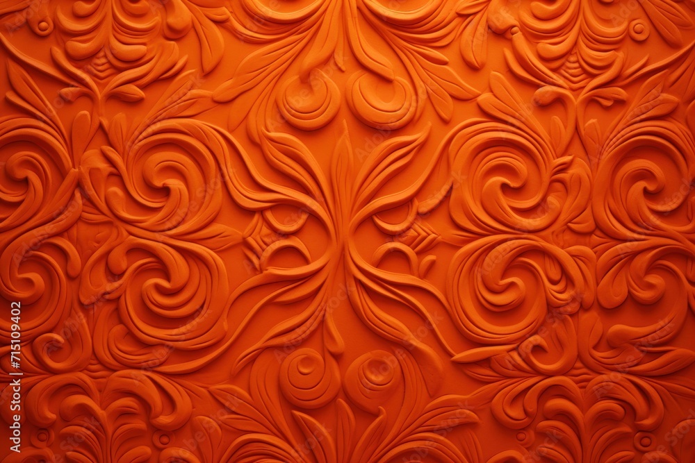 a close up of an orange wall with a pattern of swirls and leaves on the side of the wall. a close up of an orange wall with a pattern of swirls and leaves on the side of the wall.