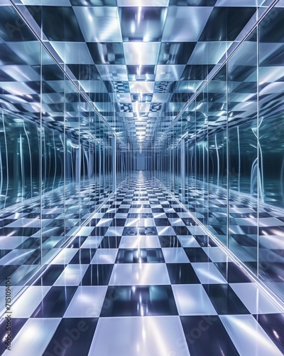 A mesmerizing image capturing the illusion of an infinite corridor of mirrors, maze, labirynth, creating a play of reflections that seem to extend into eternity. 