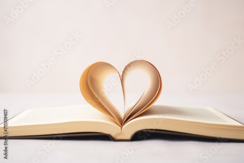  an open book with a heart cut out of it's pages on top of a plain white tablecloth.
