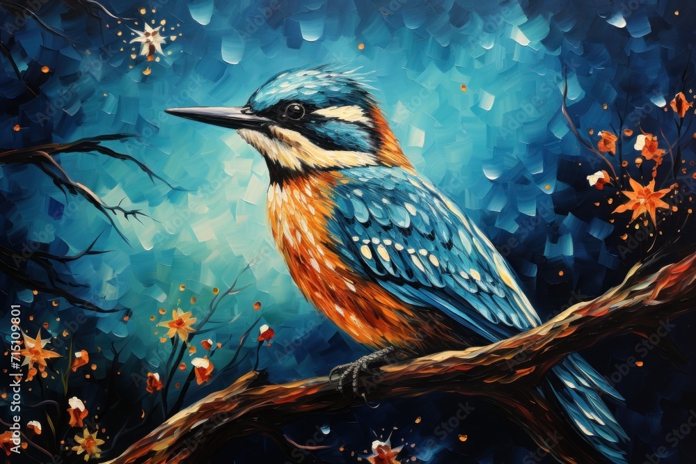 a painting of a colorful bird perched on a tree branch in a blue, yellow, and orange color scheme. a painting of a colorful bird perched on a tree branch in a blue, yellow, and orange color scheme.