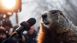 Cute groundhog making weather prediction, speaking in a microphone. Groundhog giving an interview about forecast to press and tv. Groundhog Day celebration