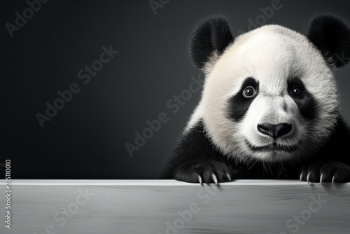  a black and white photo of a panda bear leaning over a table with its paws on the edge of the table.