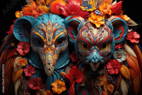  a close up of two animal masks with flowers on their heads and one of the masks has a bird on it's head. © Nadia