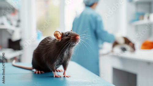 Cute gray domestic rat sitting on the table in a vet clinic with a ratologist doctor standing in the background. Mouse in a veterinary clinic