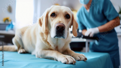 Sad labrador retriever dog on a table in a veterinary clinic. Golden retriever puppy in a vet cabinet