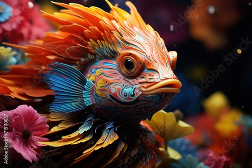  a close up of a colorful fish in a body of water with flowers in the foreground and a black background.