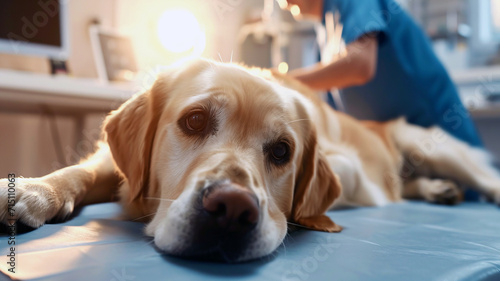 Golden labrador retriever dog visining a veterinary clinic. Golden retriever puppy in a vet cabinet photo