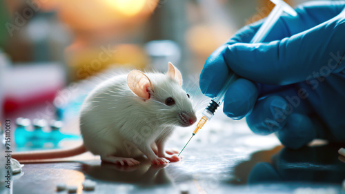 A researcher injects a drug into an experimental mouse. A hand in a blue glove holding a syringe and a white rat sitting on the table. Testing cosmetics and medicine on animals concept