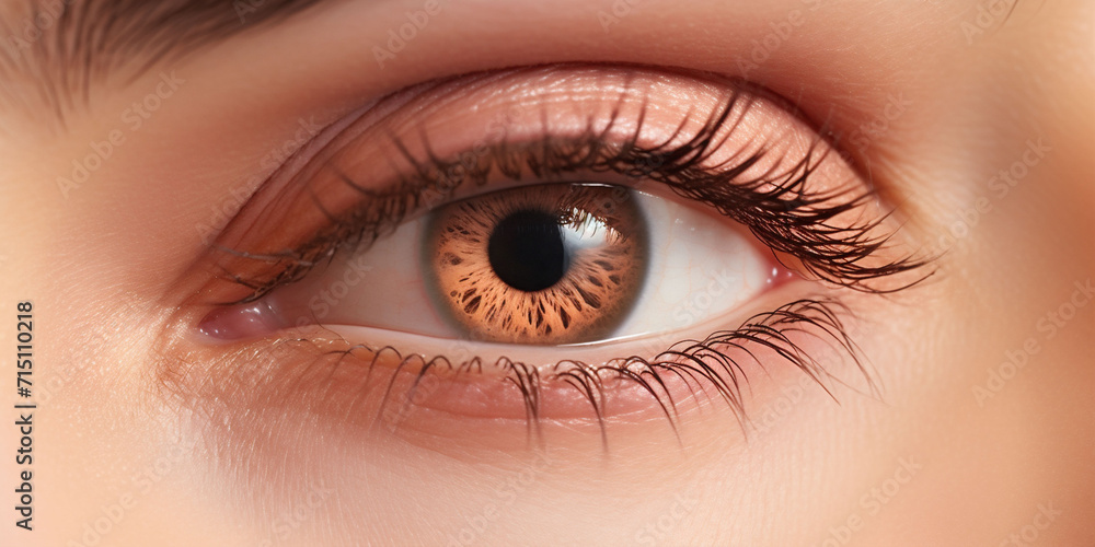 Obraz premium A single woman eye, in soft orange colour, very soft natural make up, peach fuzz colour eyeshadow and natural lashes. The mood suits for eye care advertisement