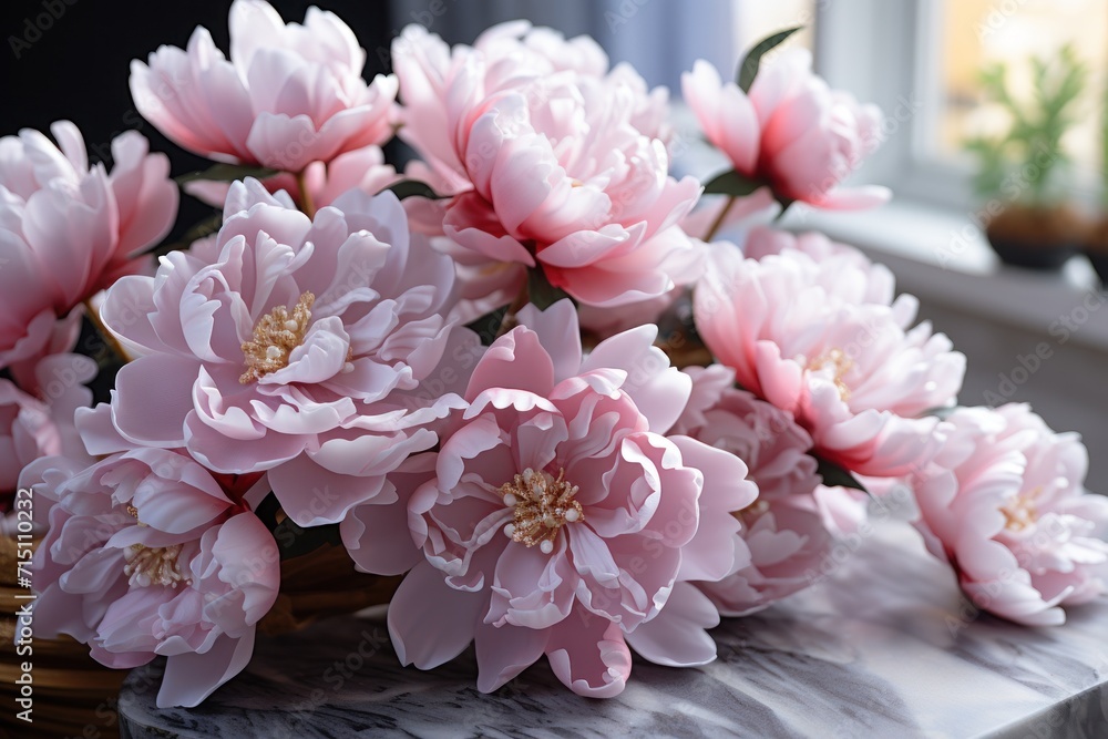 a bunch of pink flowers sitting on top of a table next to a potted plant on a window sill. a bunch of pink flowers sitting on top of a table next to a potted plant on a window sill.