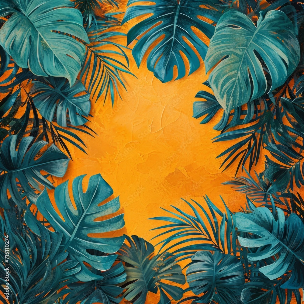 background made of green tropical leaves on orange copy space. Generative AI background made of green tropical leaves on orange copy space. Generative AI