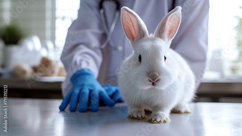 White rabbit with a scientist on the background. Male vet doctor and bunny on a laboratory table in a veterinary clinic. Testing beauty and makeup products on animals. Animal rights protection concept
