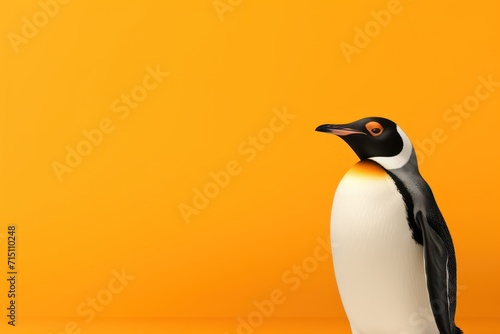  a black and white penguin standing in front of an orange background with an orange spot in the center of the image.