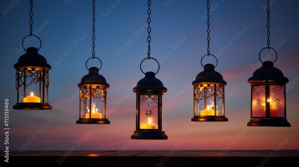Group of Hanging Lanterns Filled With Lit Candles Illuminate the Night Atmosphere Group of Hanging Lanterns Filled With Lit Candles Illuminate the Night Atmosphere