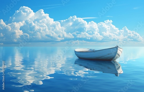a blue boat, white clouds and reflection on the water. Generative AI