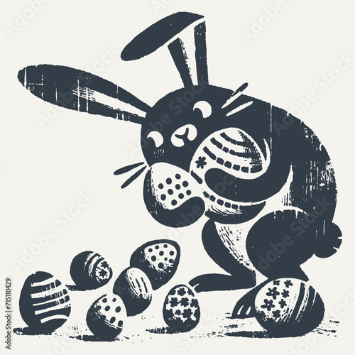Quirky Easter bunny playing with Easter Eggs. Vintage block print style grunge effect vector illustration. Black and white.