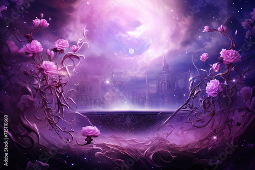 Abstract mystical scenic background of night sky with flowers and podium for copy space. © Oxy Grizzly