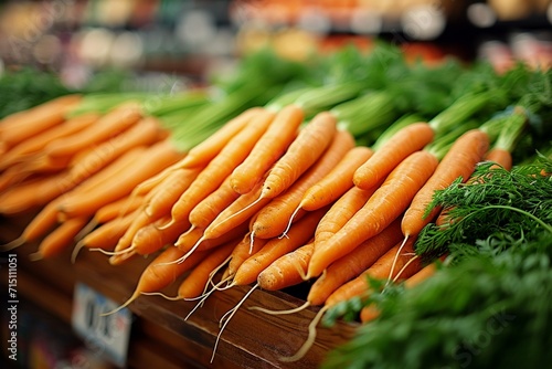 Beautiful carrots neatly arranged on display in the supermarket photo