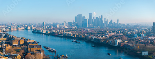 Aerial view of the Canary Wharf business district in London. Panoramia of the skyscrapers in London. photo