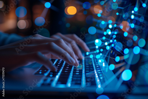 a pair of hands working on a laptop with blue social media lights around, digital print style, luxurious photo