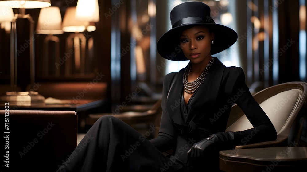 Elegant black model in a fashion shoot for an upmarket ladies fashion