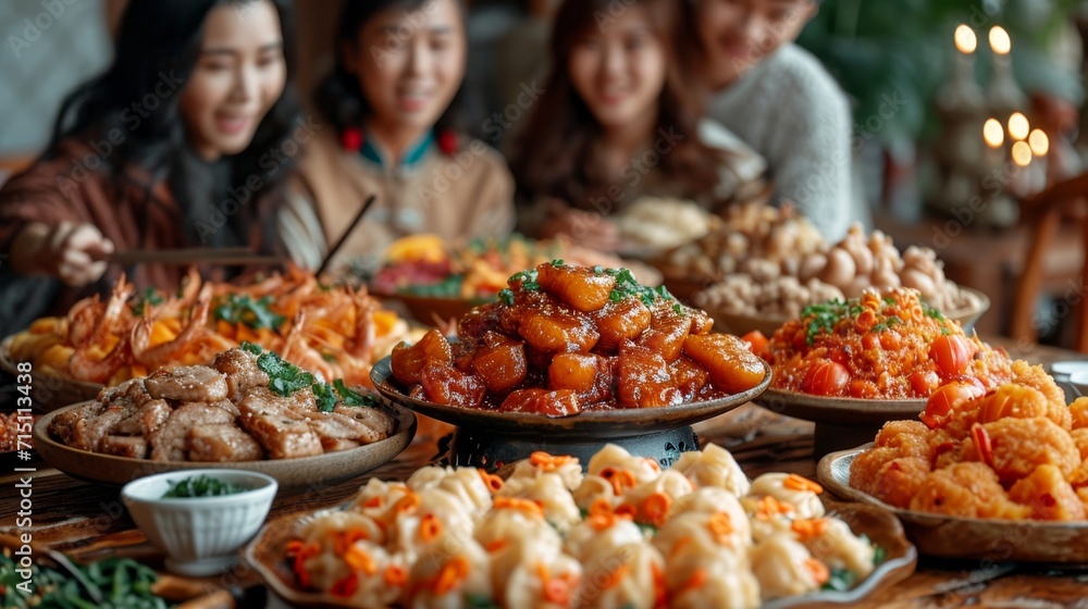 Family Reunion Dinner: Image: A warm and inviting scene of a family reunion dinner with an abundance of traditional Chinese New Year dishes