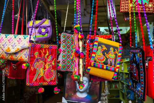 Puttaparthi, India. Bags on the street market in Puttaparthi.