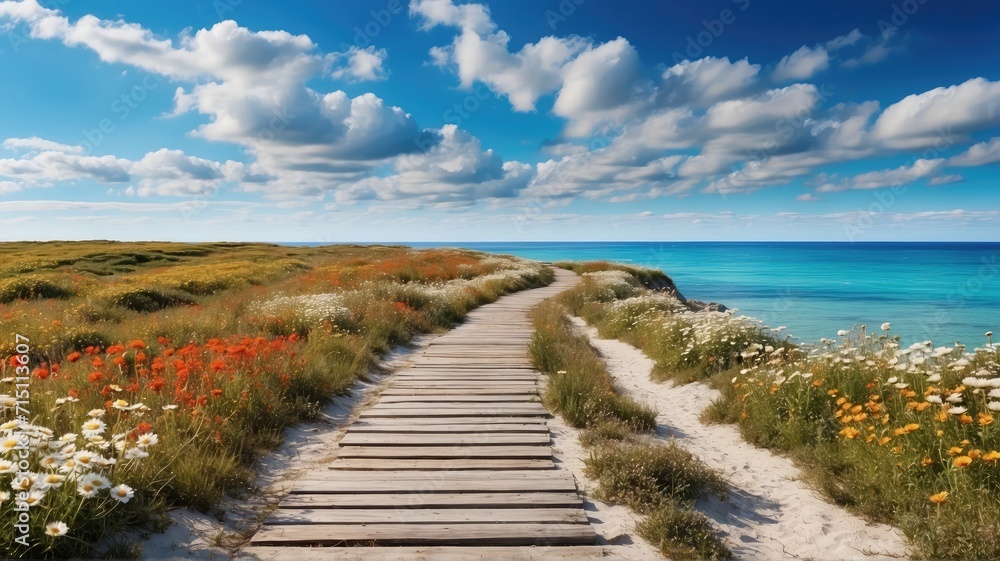 Daisy field, pathway, cottage, daisy field, cloud, blue sky, sea view, vibrant colors