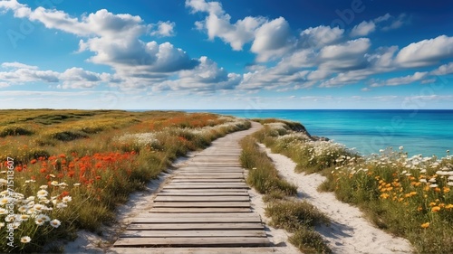 Daisy field  pathway  cottage  daisy field  cloud  blue sky  sea view  vibrant colors