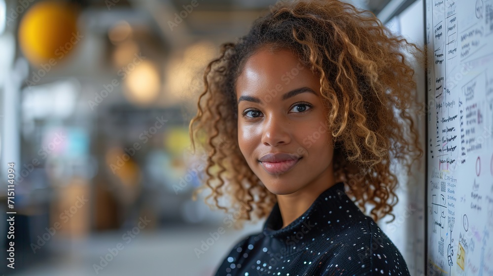 Young american executive manager businesswoman writing strategy ideas on sticky notes