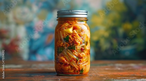 homemade kimchi with visible spices and herbs in a Glass Jar