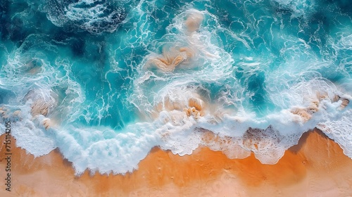 Beautiful beach with blue sea and waves on the sand seen from above. abstract watercolor painting Top down aerial view. splash in the sea